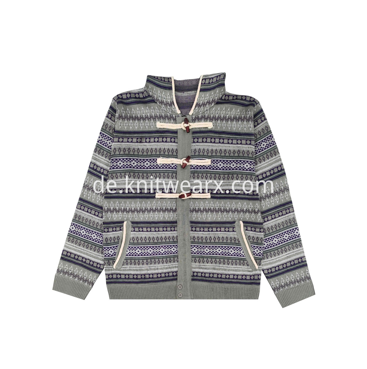 Men's Knitted Sweater Geometric Jacquard Full Zip Olive Button Hoodie